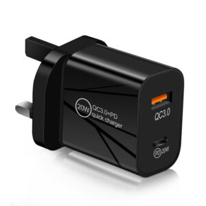 2 PORT 1X USB A QC3 & 1 X USB-C PD MAINS CHARGER 20W - BLACK