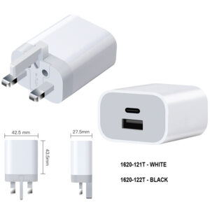 2 PORT 1 USB A QC3 & 1 USB-C PD TRAVEL CHARGER 20W - BLACK