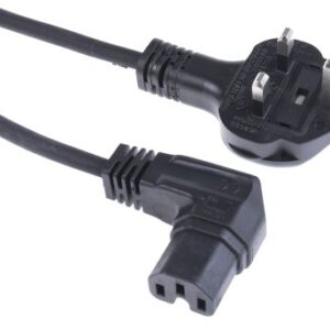 2M UK MAINS CABLE - UK PLUG TO RIGHT ANGLED C15 (HOT) SOCKET